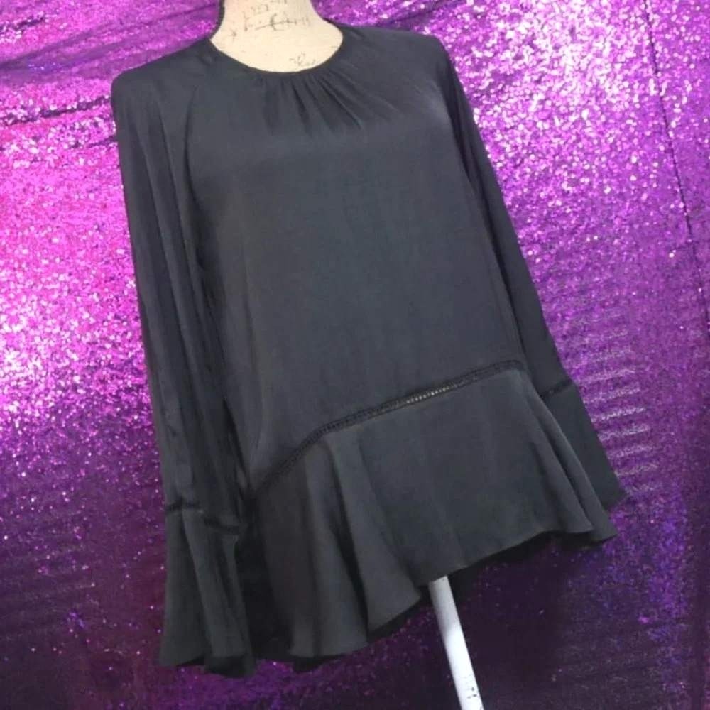 Black Peplum Blouse XS Mossimo Women Bell Sleeve Ladder Lace Trim Top